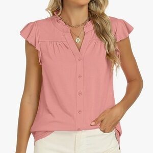 Women's Pinkish Peachy Ruffle Sleeve Blouse V neck It#J04